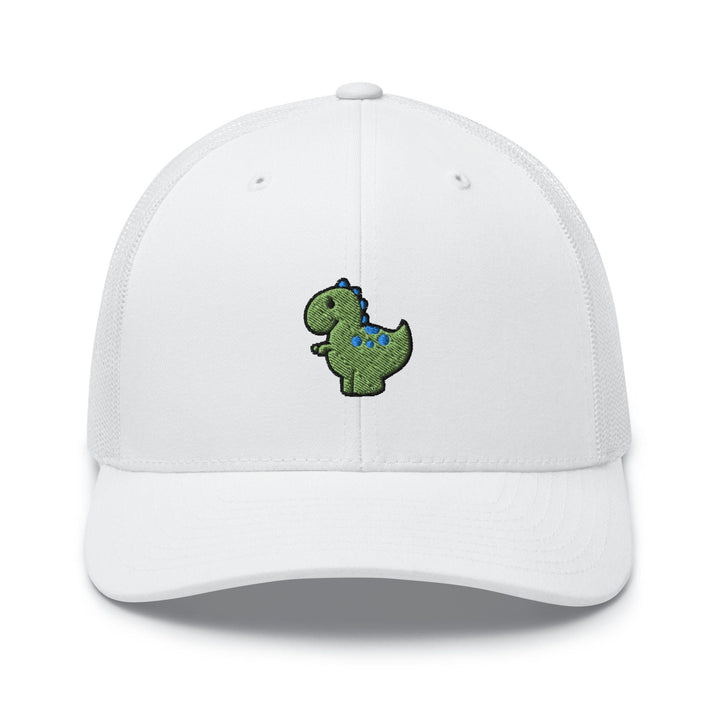 a white hat with a green dinosaur embroidered on it