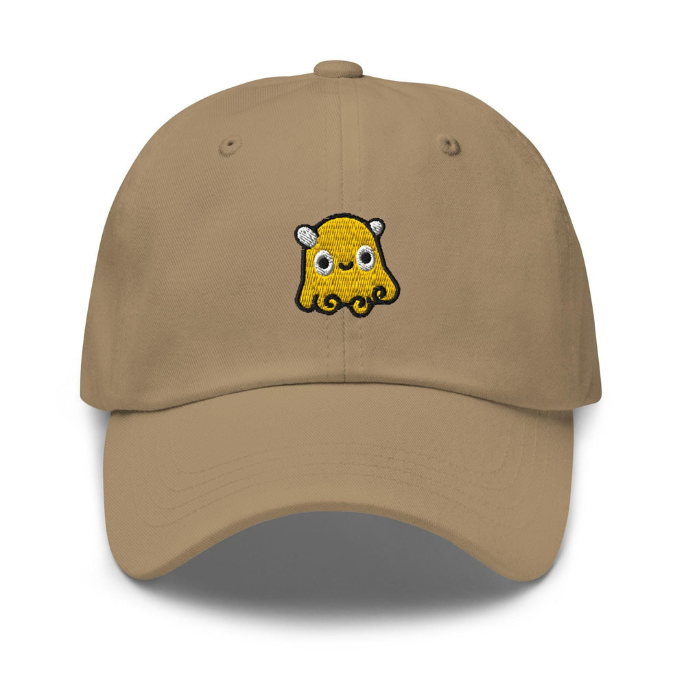 a tan hat with a cartoon character on it