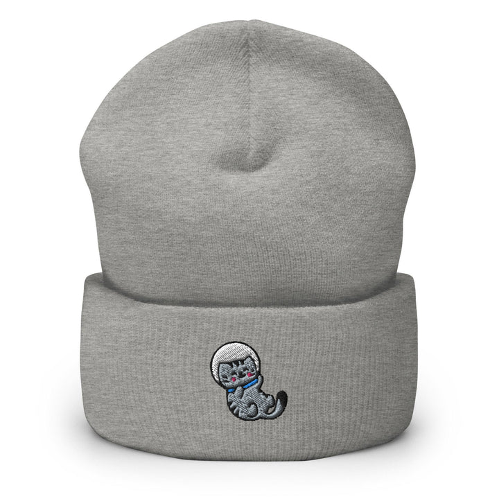 a gray beanie with a cat on it