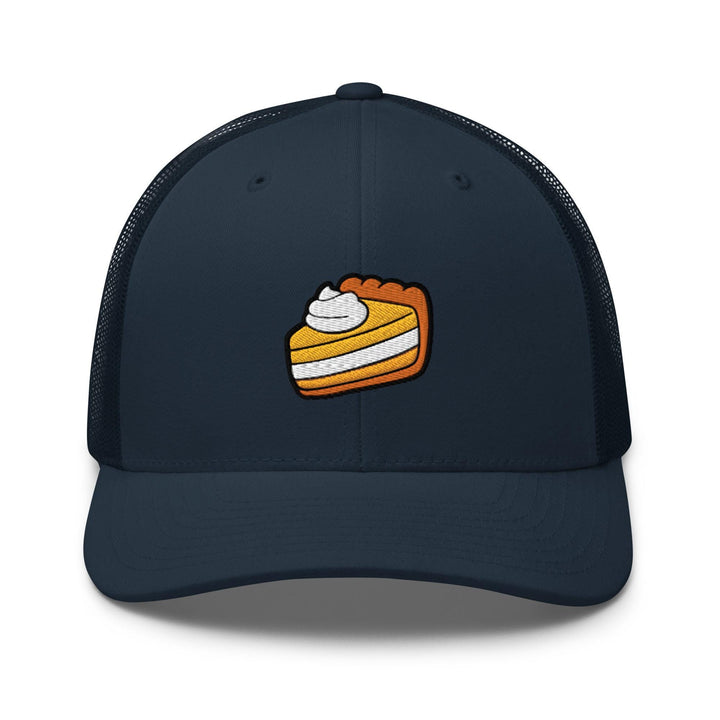 a blue hat with a piece of pie on it