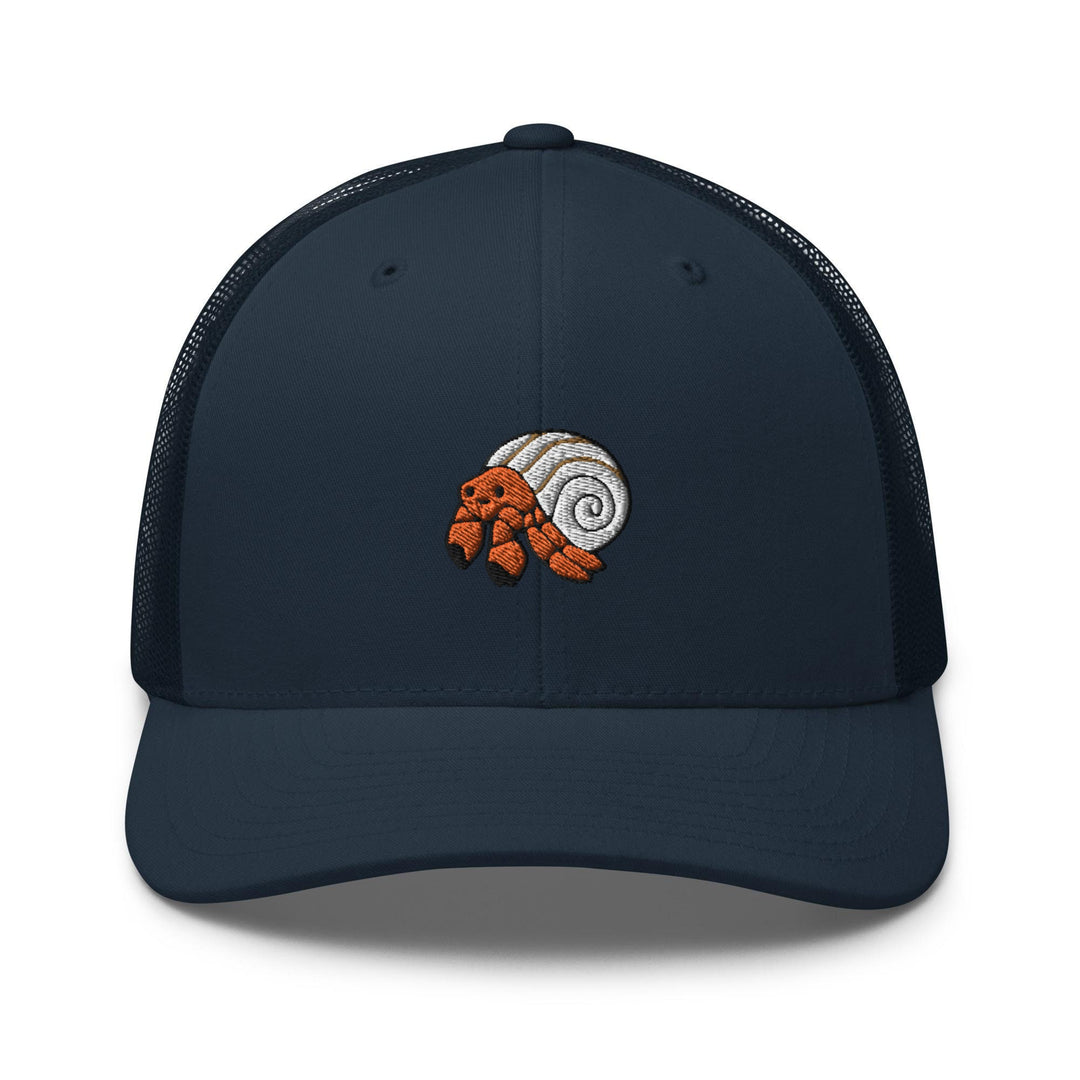 a blue trucker hat with an image of a snail on it