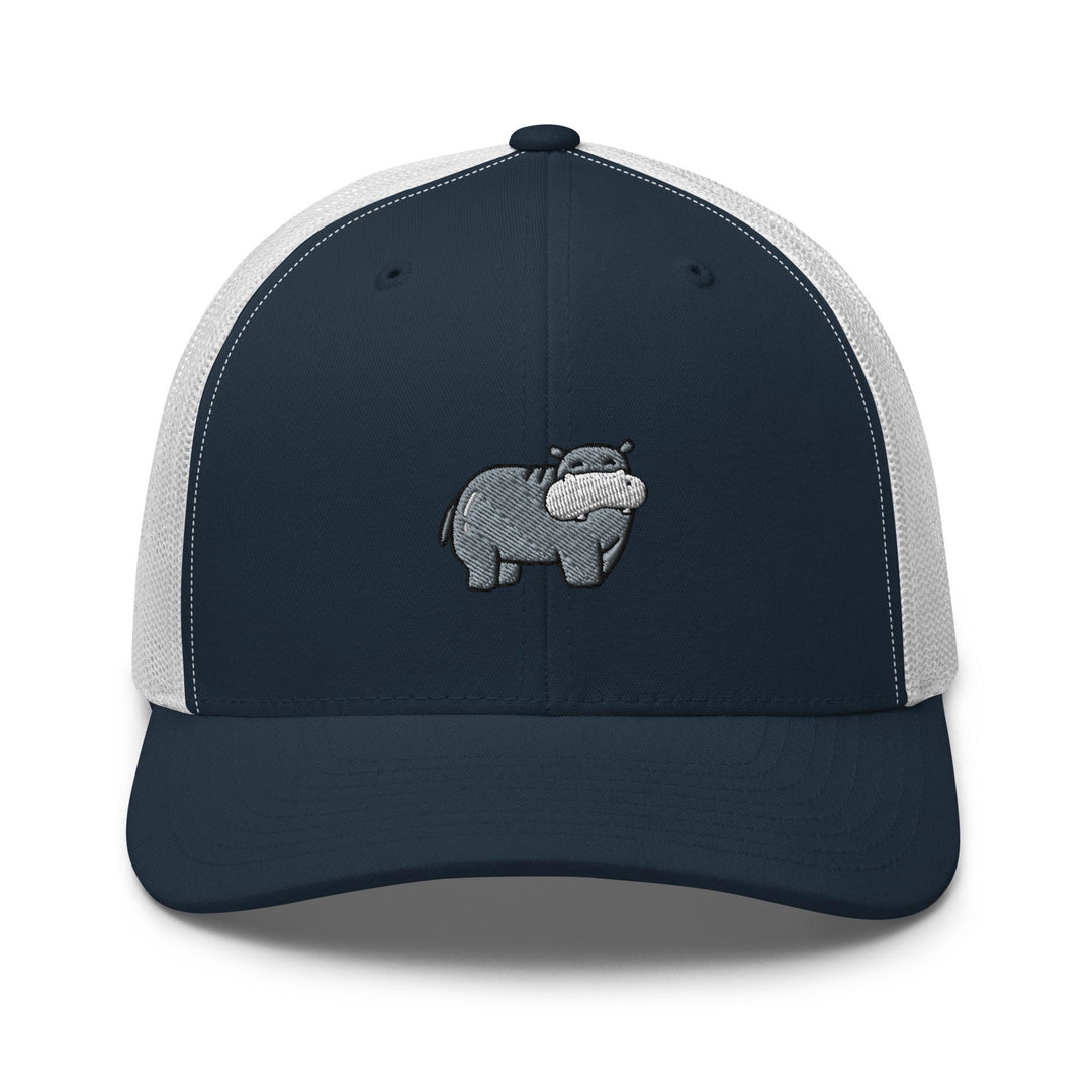 a blue and white hat with an image of a rhino