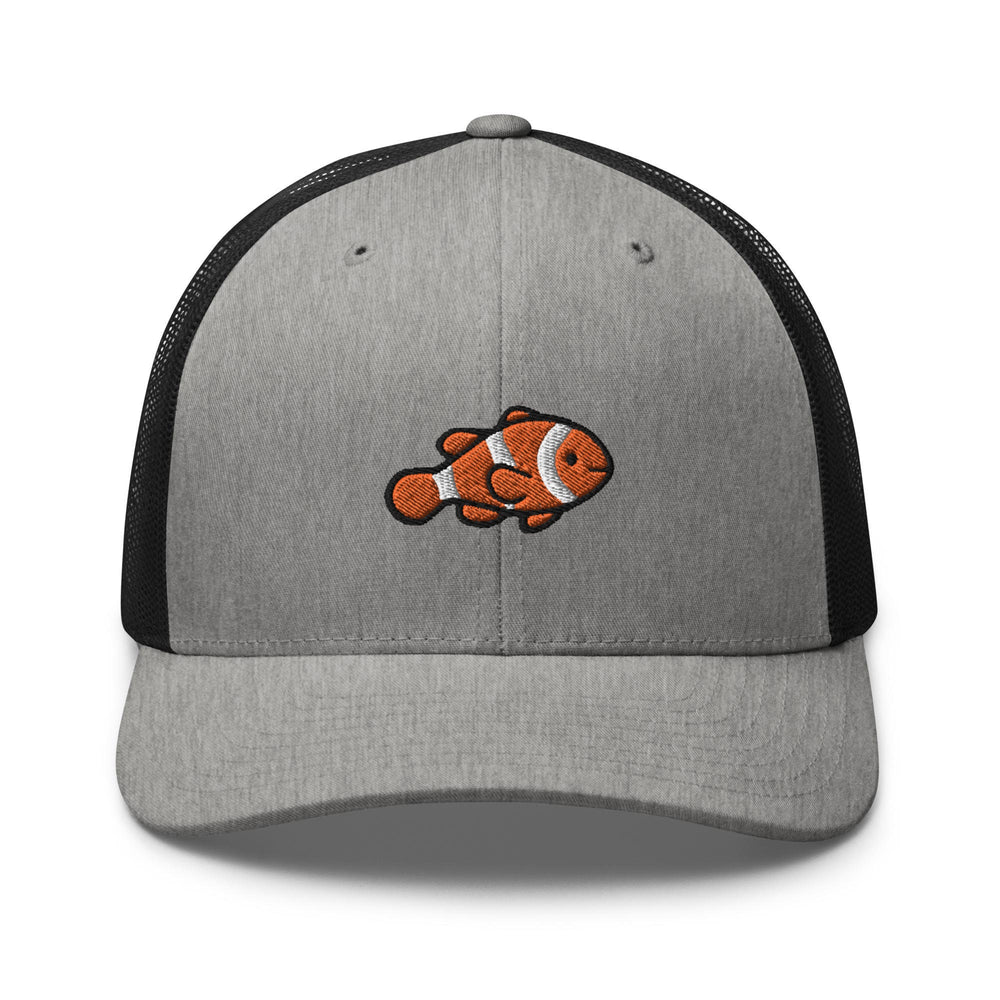 a gray and black hat with an orange clown fish on it