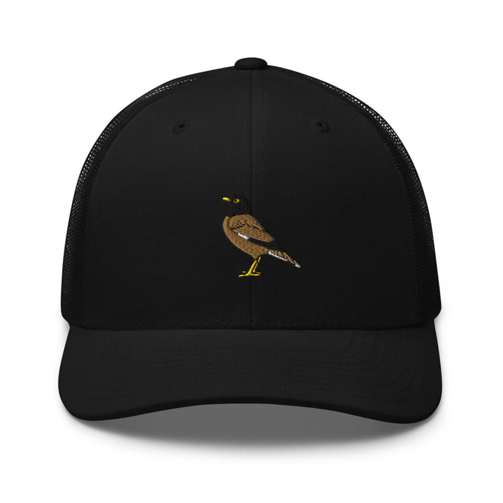 a black hat with a bird embroidered on it