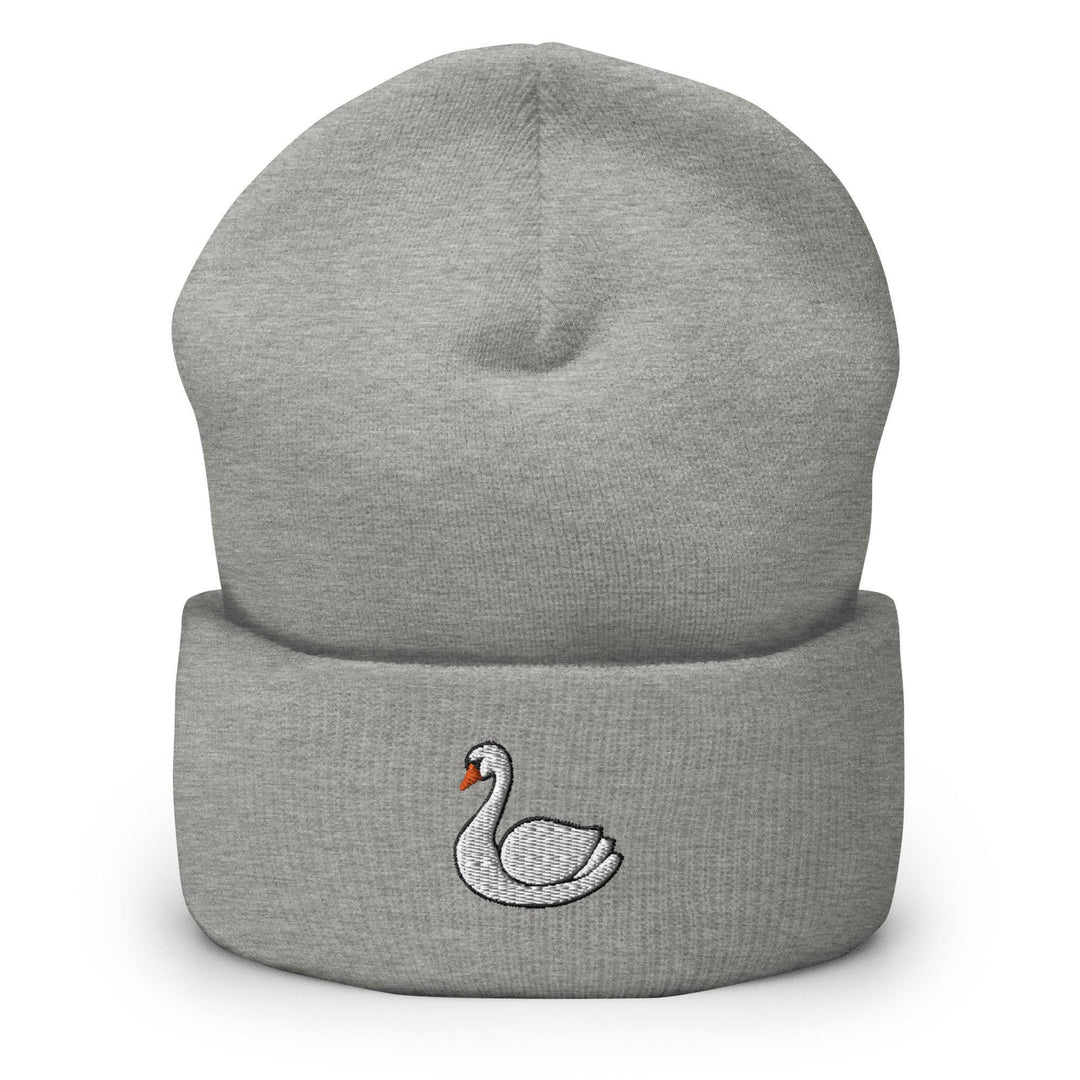 a grey beanie with a white swan embroidered on it