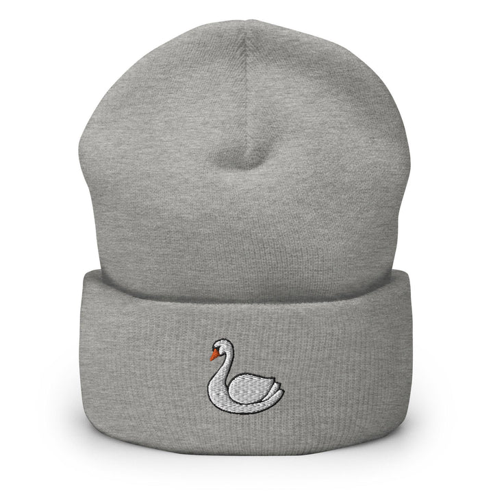 a grey beanie with a white swan embroidered on it