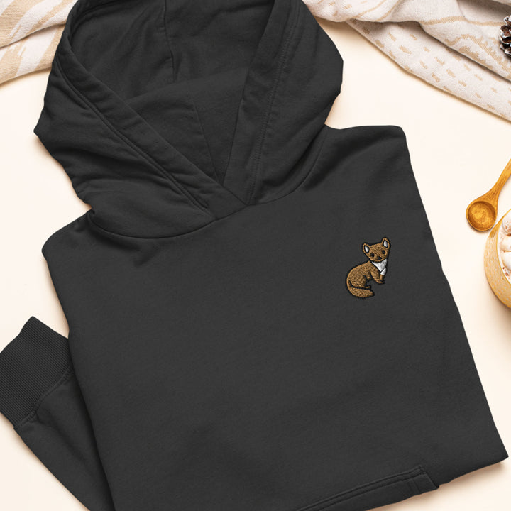 a black hoodie with a dog embroidered on it