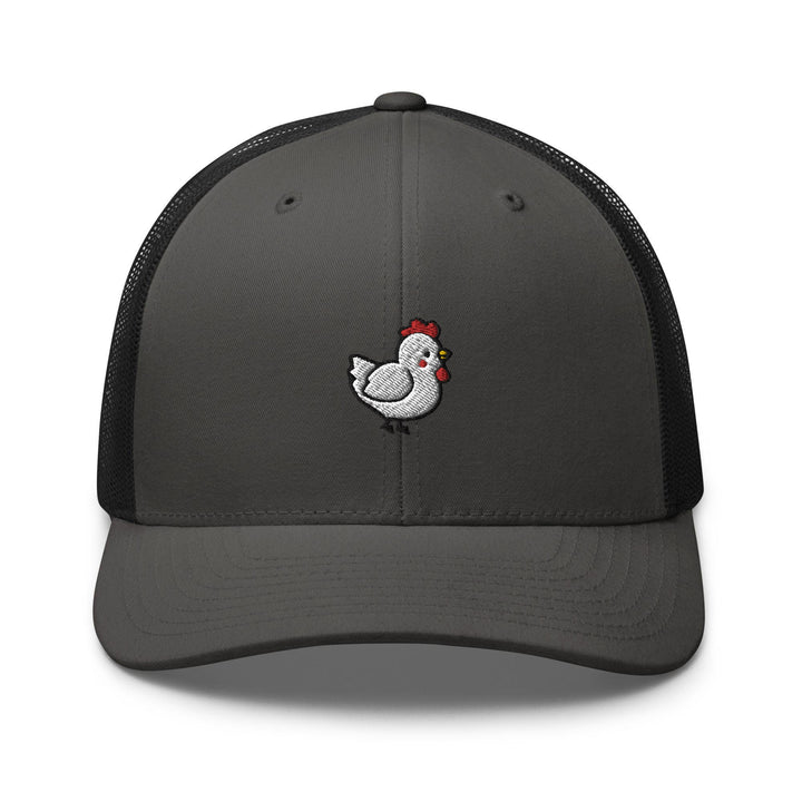 a gray and black trucker hat with a chicken embroidered on the front