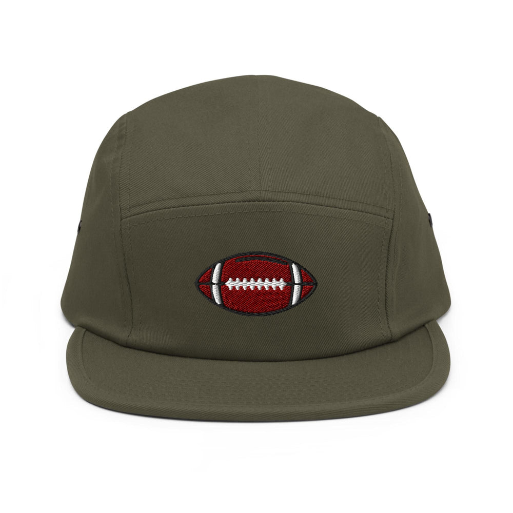 a green hat with a football embroidered on it