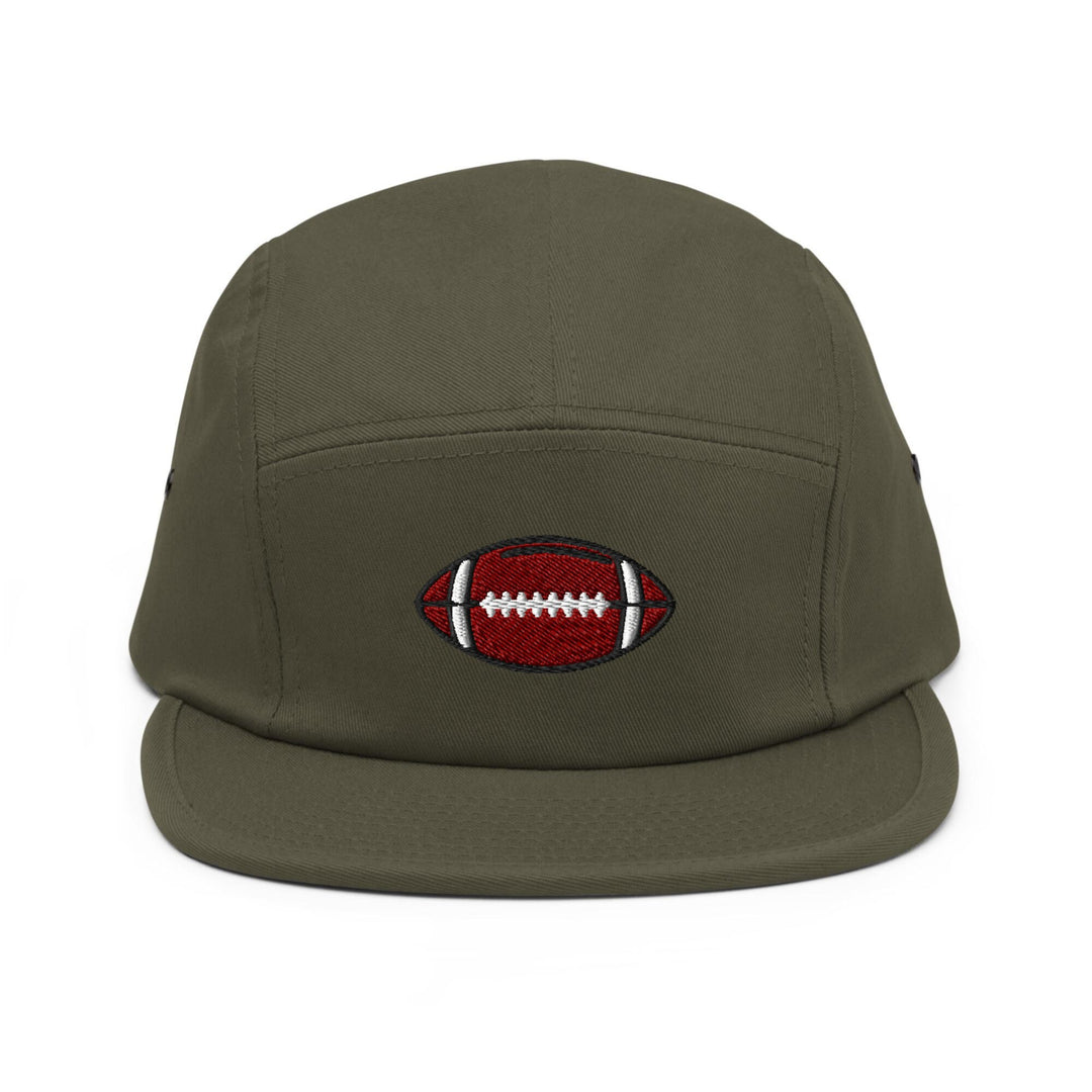 a green hat with a football embroidered on it