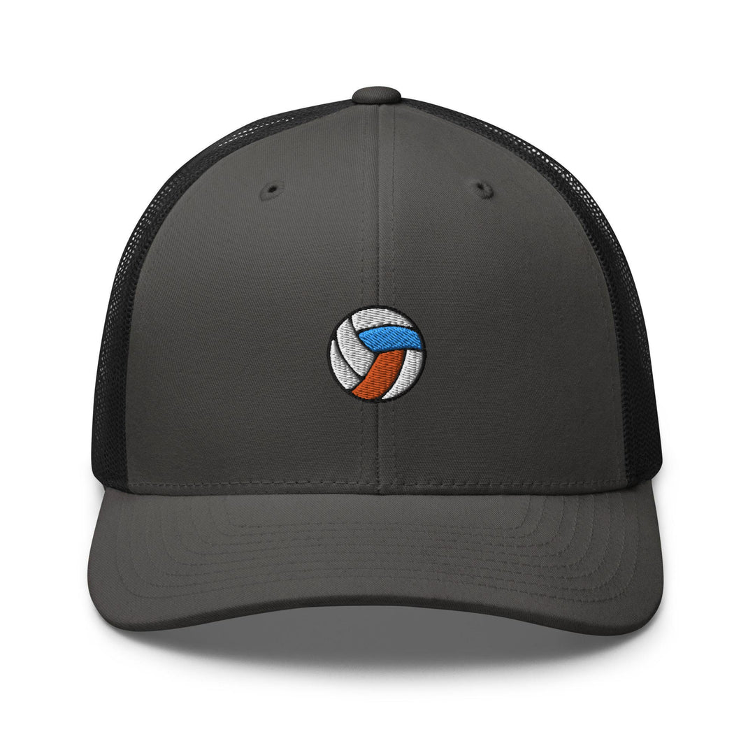 a gray and black trucker hat with a volleyball ball embroidered on the front