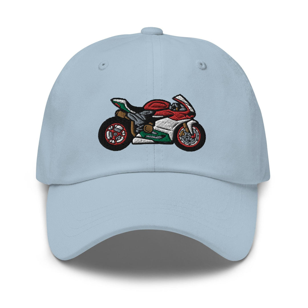 a light blue hat with a picture of a motorcycle