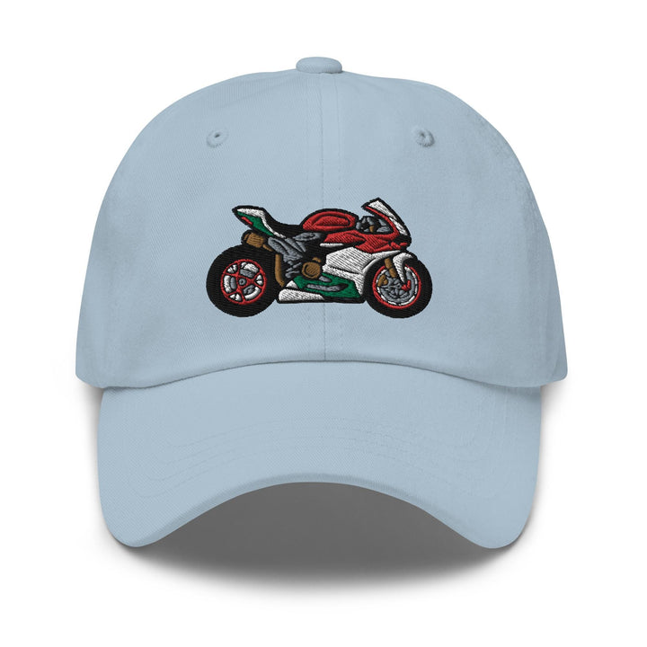 a light blue hat with a picture of a motorcycle