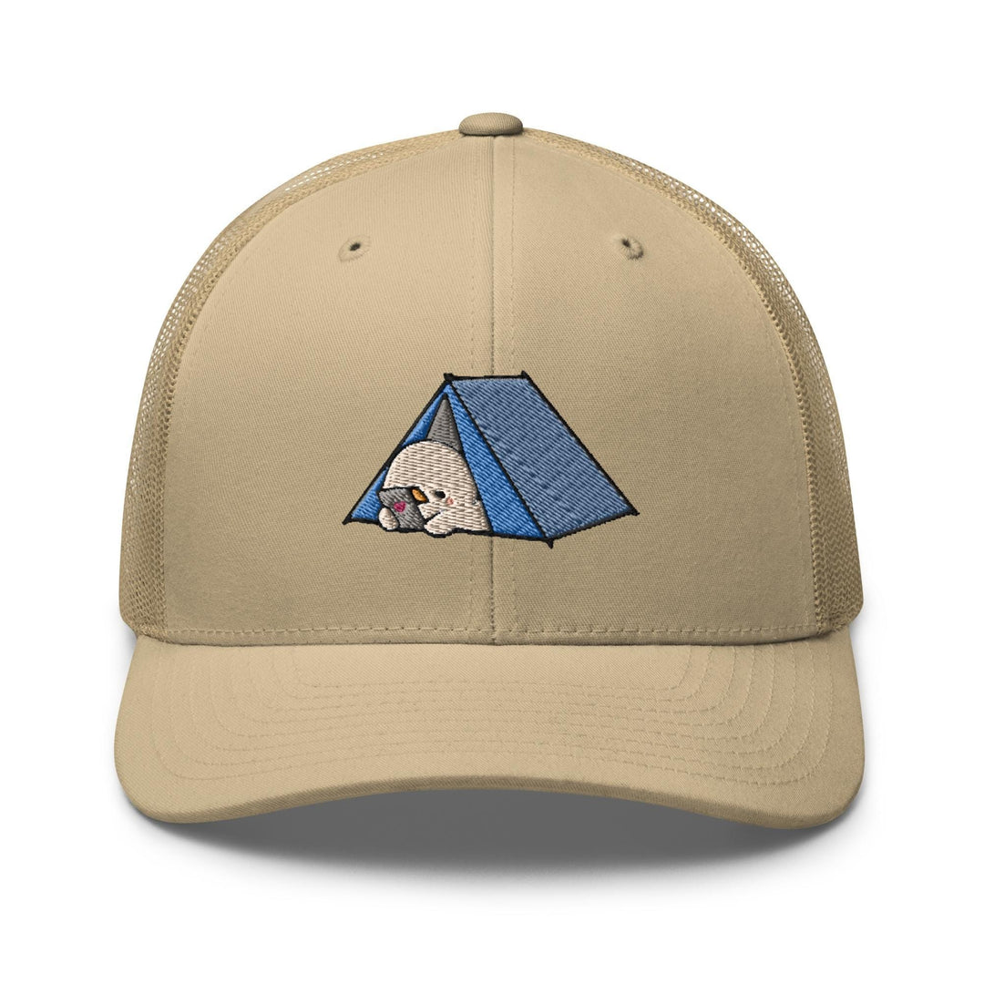 a tan hat with a blue tent on it