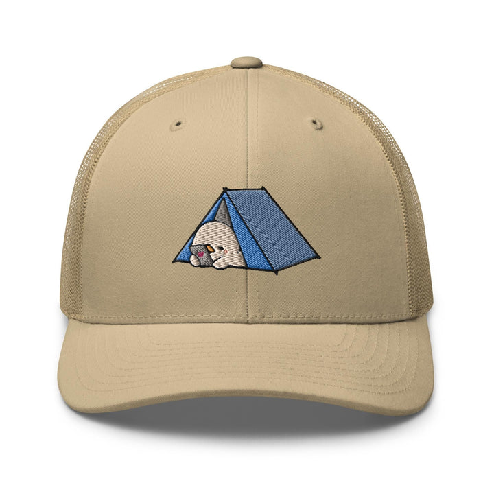 a tan hat with a blue tent on it