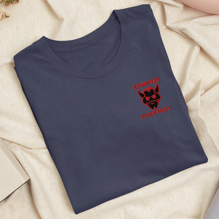 a blue shirt with a red logo on it