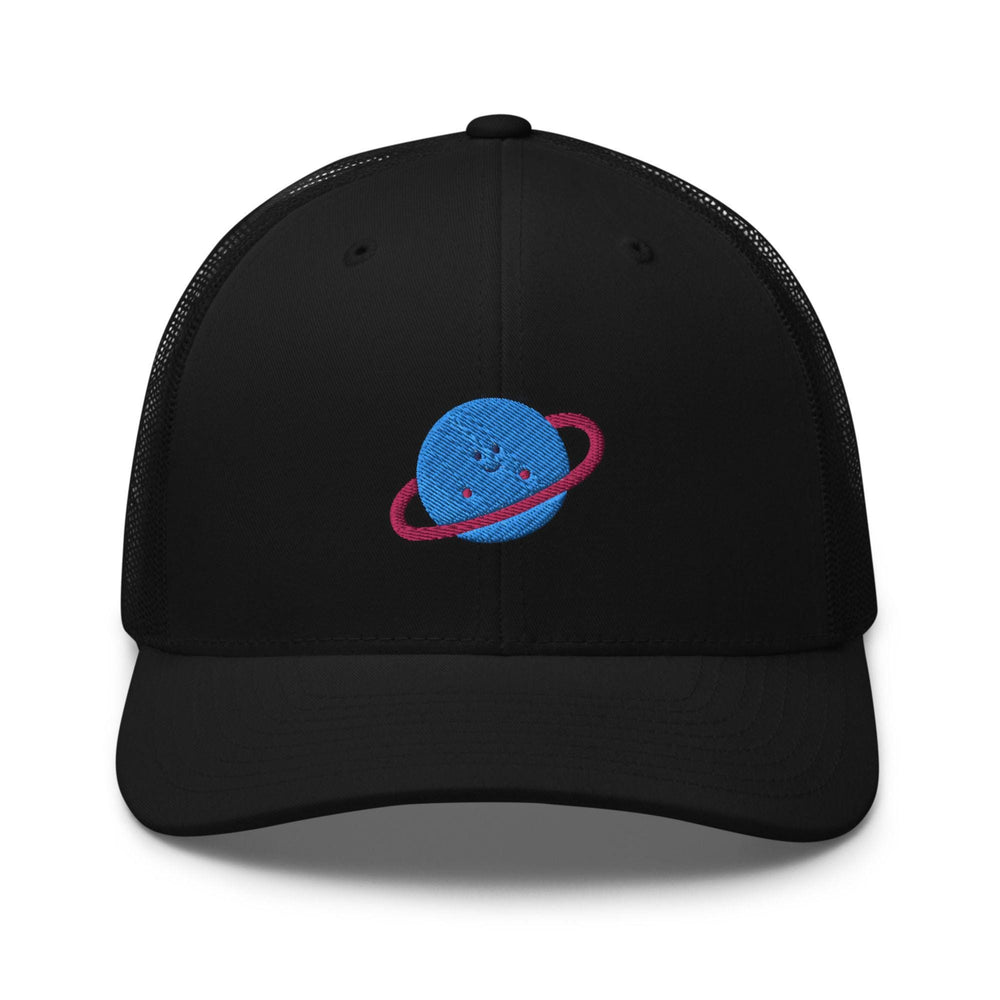 a black trucker hat with a blue and red saturn on it