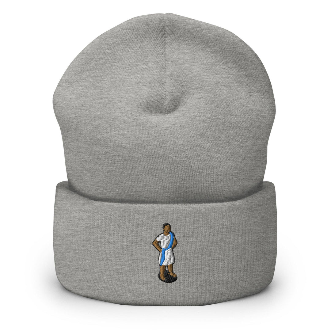 a grey beanie with a blue and white basketball player on it