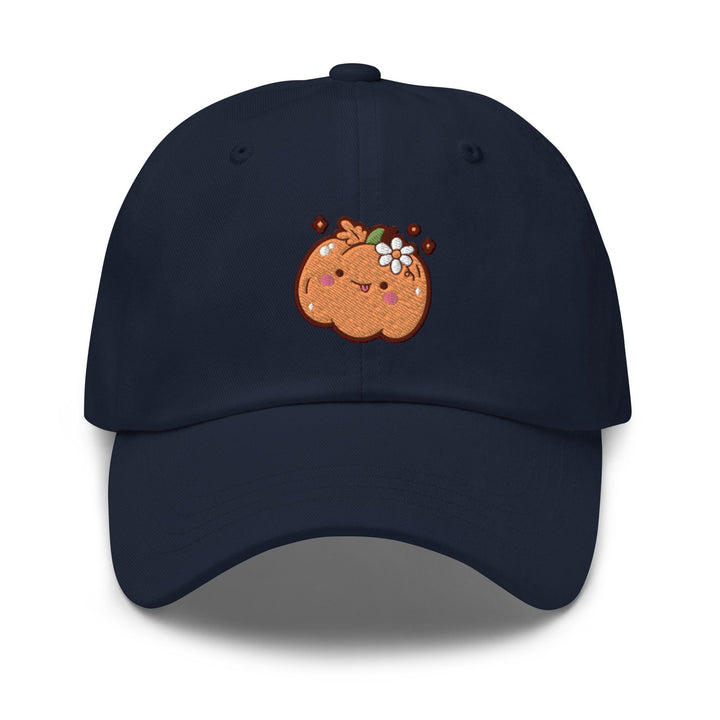 a baseball cap with a picture of a pumpkin on it