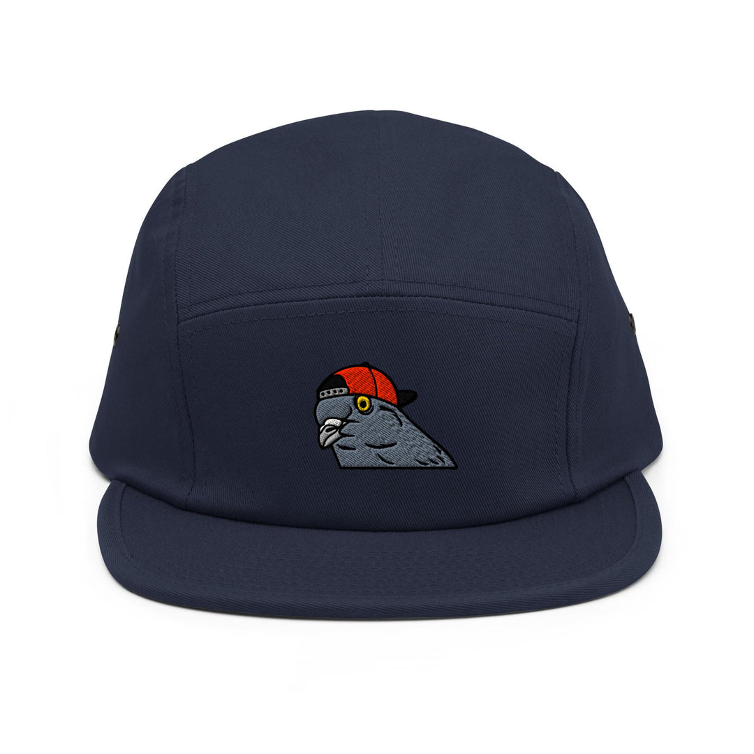 a blue hat with a parrot embroidered on it