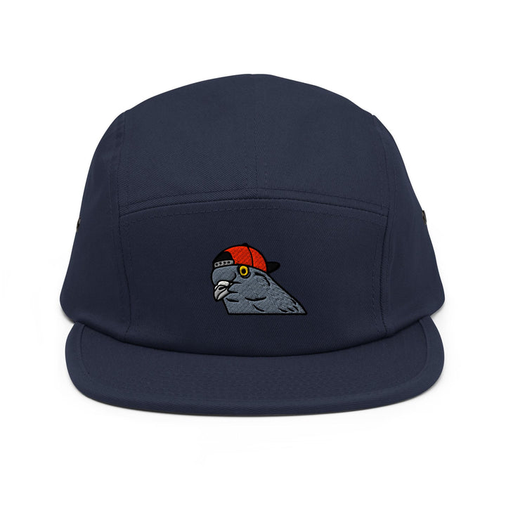 a blue hat with a parrot embroidered on it