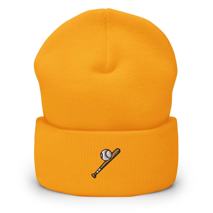 a yellow hat with a baseball and a bat on it