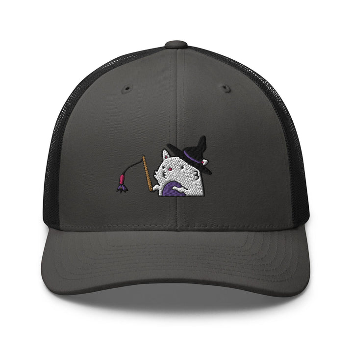 a gray and black trucker hat with a cartoon cat holding a broom