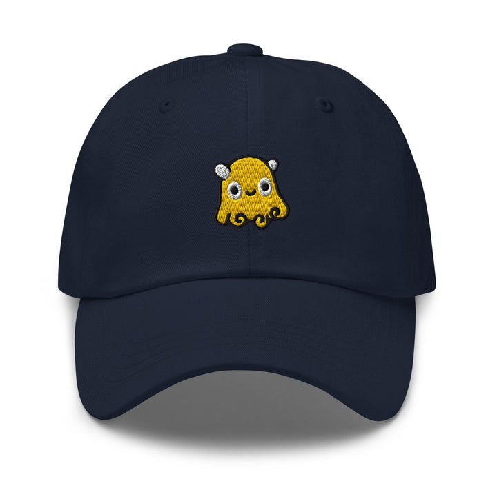 a blue hat with a yellow octopus embroidered on it
