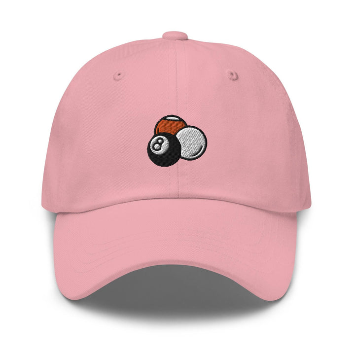 a pink hat with a pool ball embroidered on it