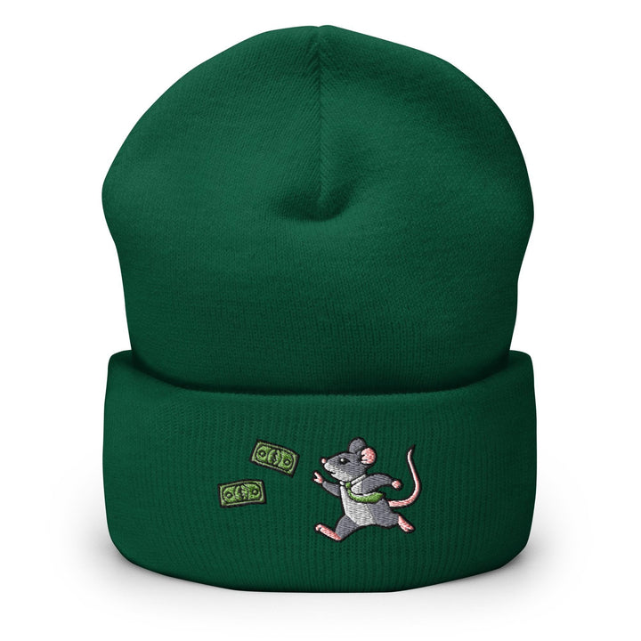 a green beanie with a cartoon mouse on it