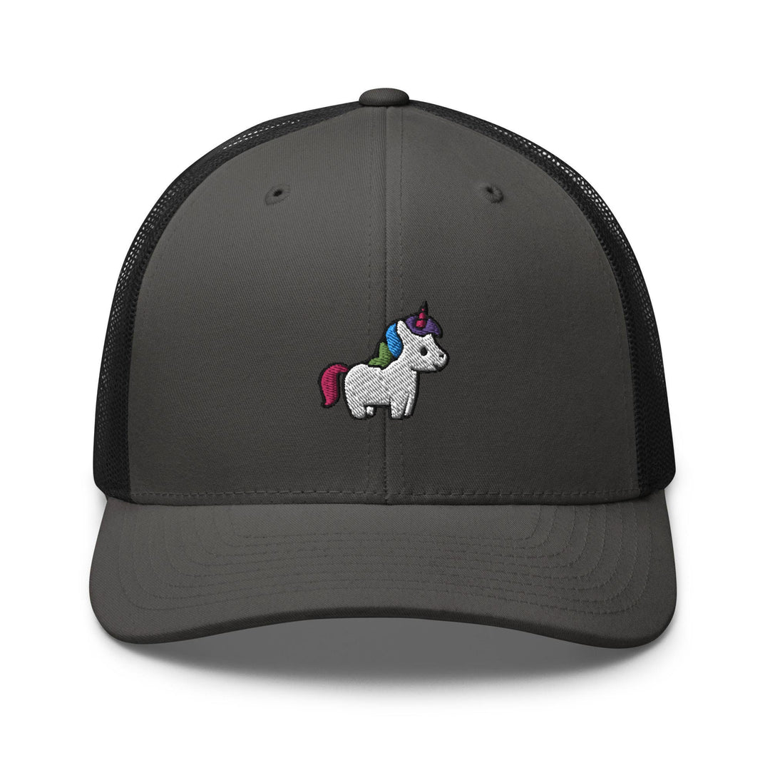 a gray and black trucker hat with a unicorn embroidered on the front