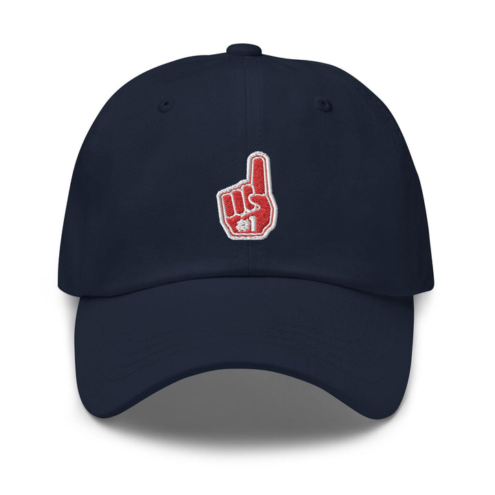 a baseball cap with a red and white peace sign on it