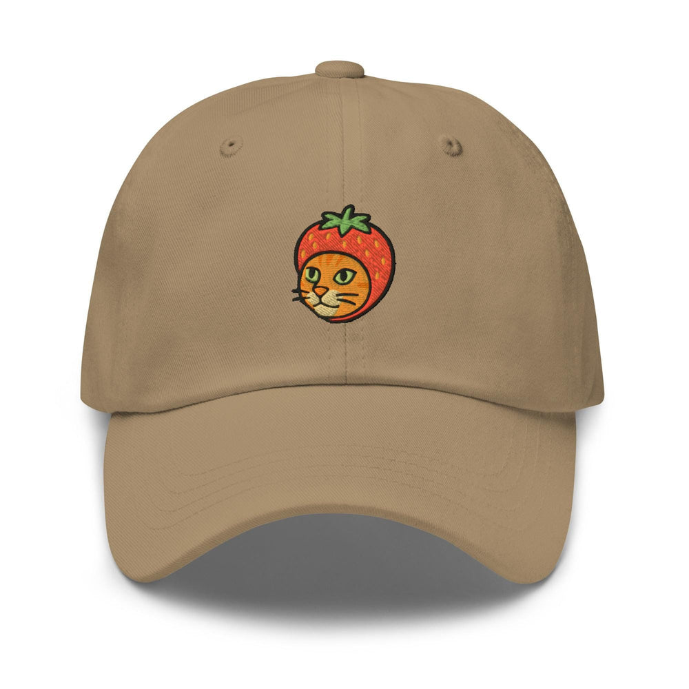 a tan hat with a picture of a cat and a strawberry on it