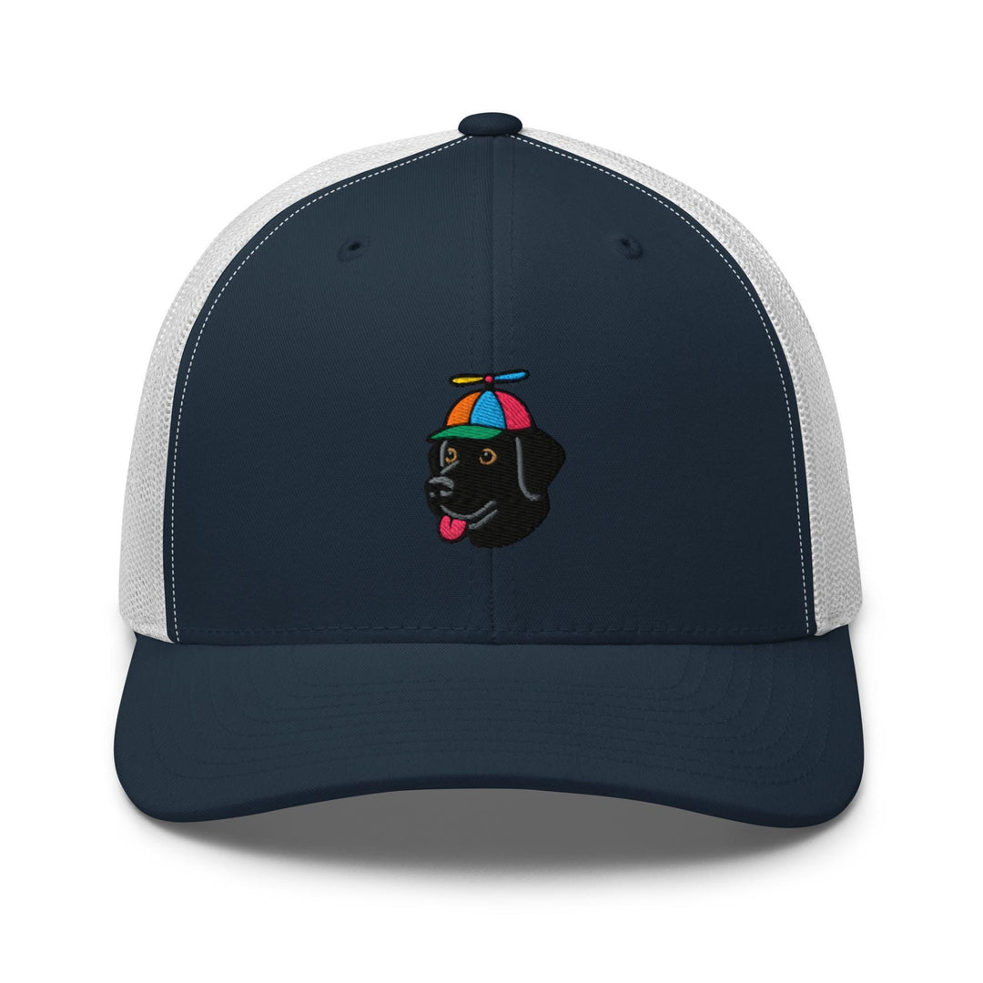 a trucker hat with a black dog wearing a colorful umbrella