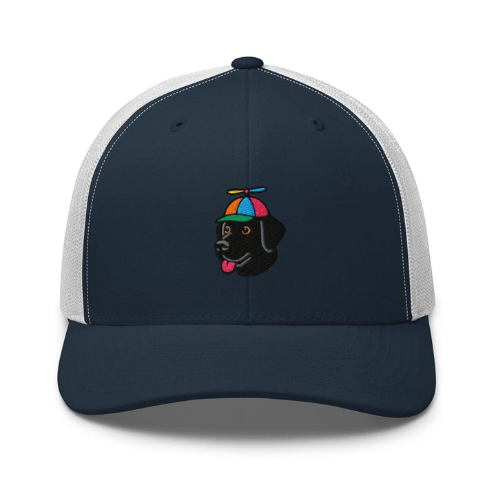 a trucker hat with a black dog wearing a colorful umbrella
