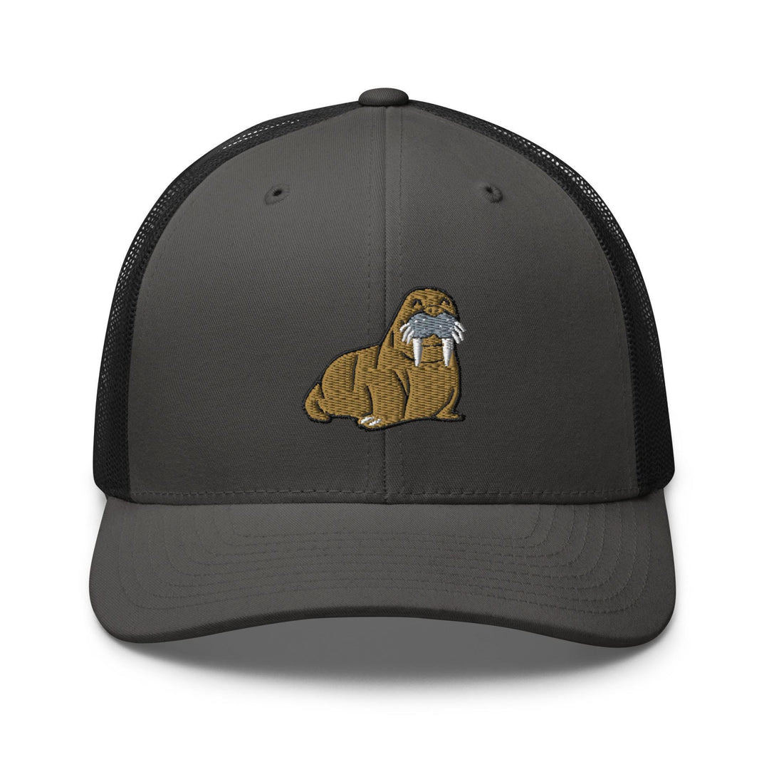 a gray and black trucker hat with a dog embroidered on the front