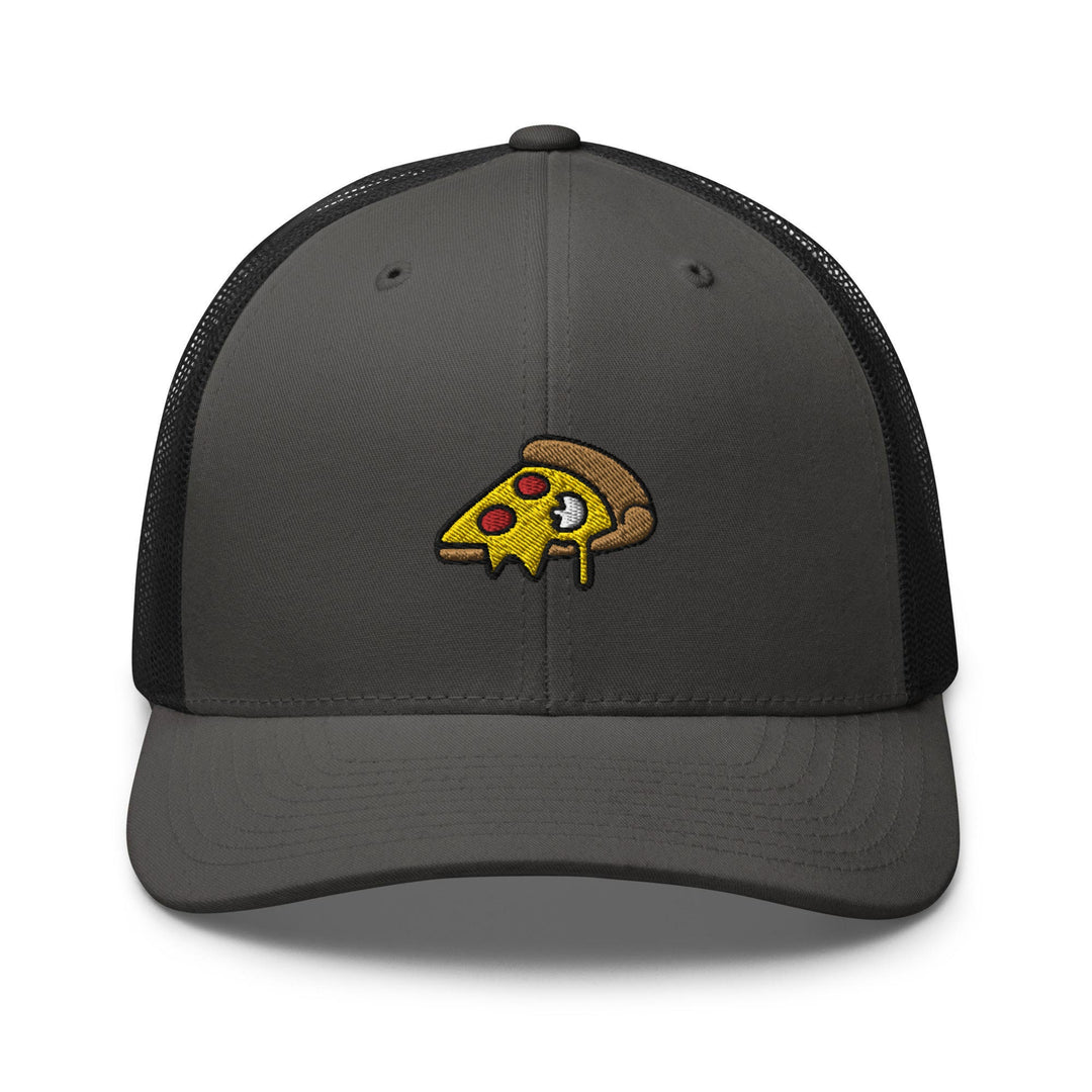 a gray trucker hat with a slice of pizza on it
