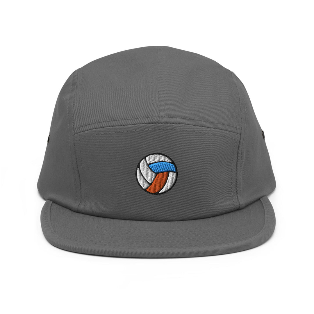 a grey hat with a volleyball ball on it