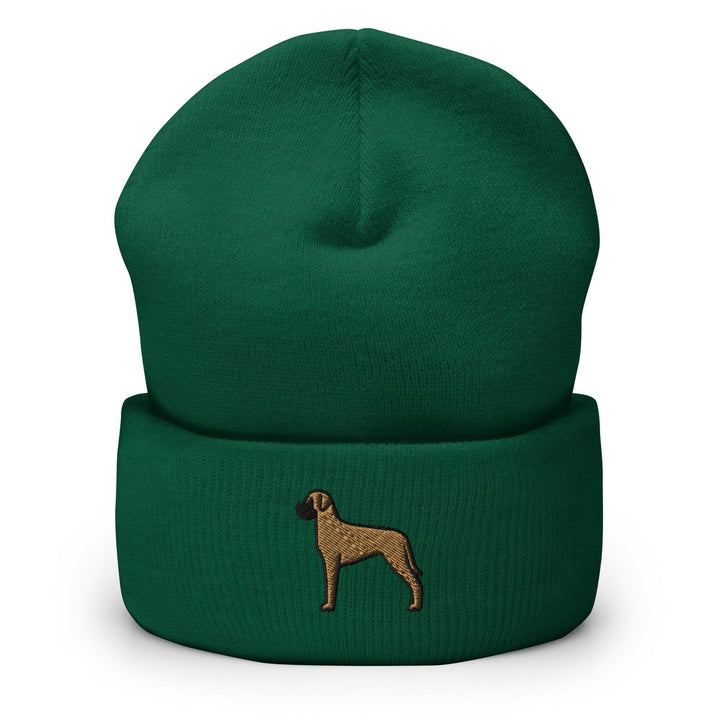a green beanie with a brown dog on it