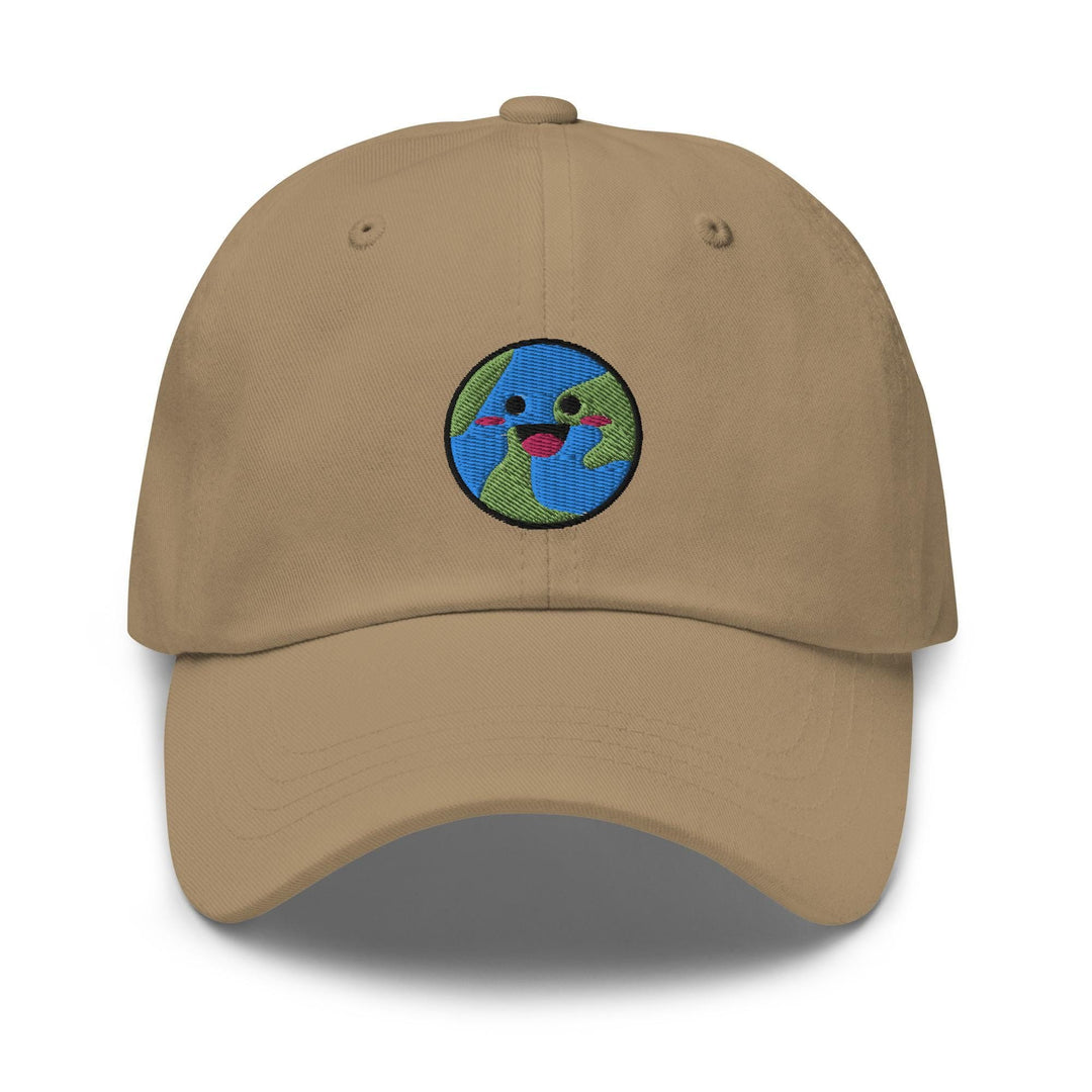 a tan hat with a smiling face on it