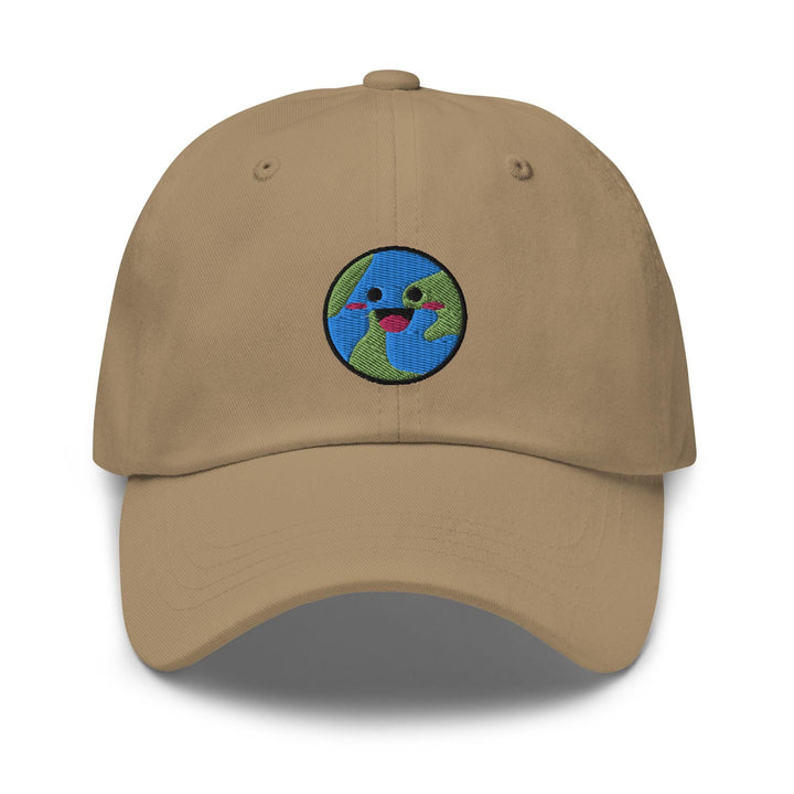 a tan hat with a smiling face on it