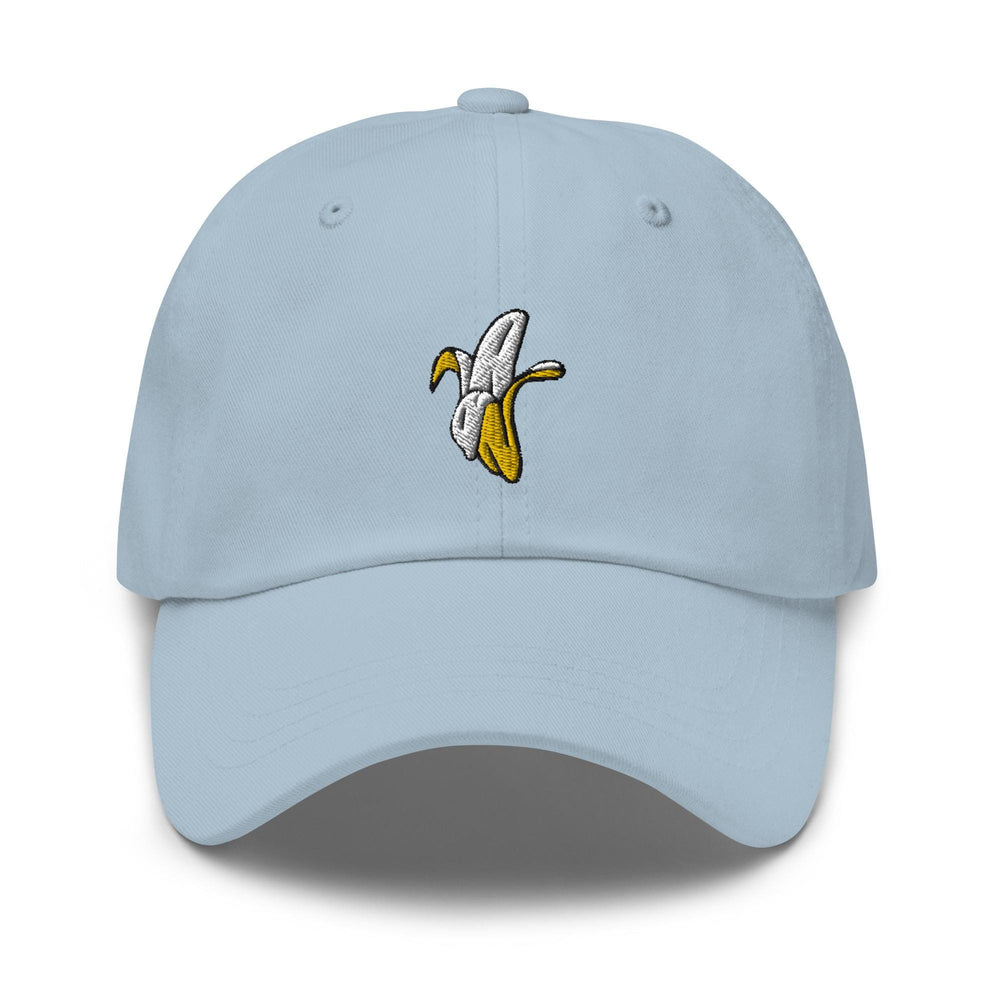 a light blue hat with a banana embroidered on it