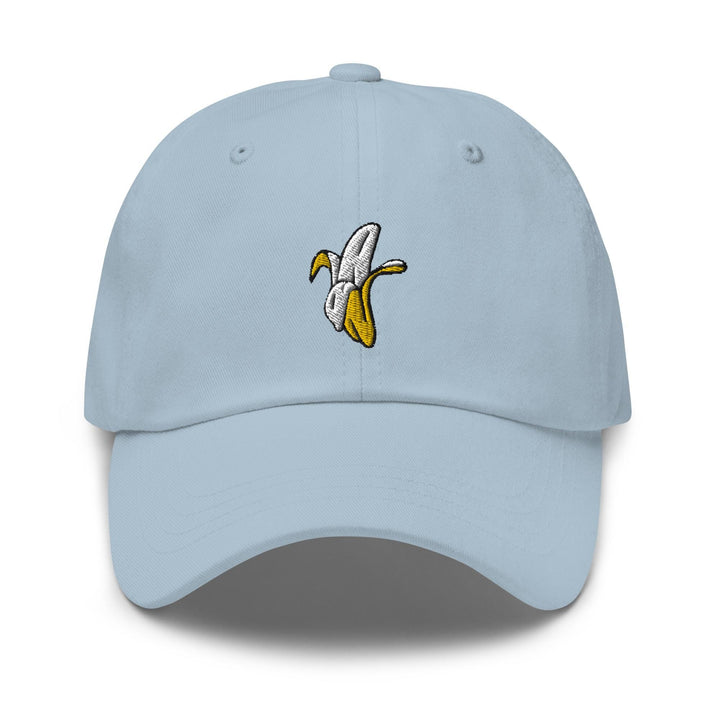 a light blue hat with a banana embroidered on it