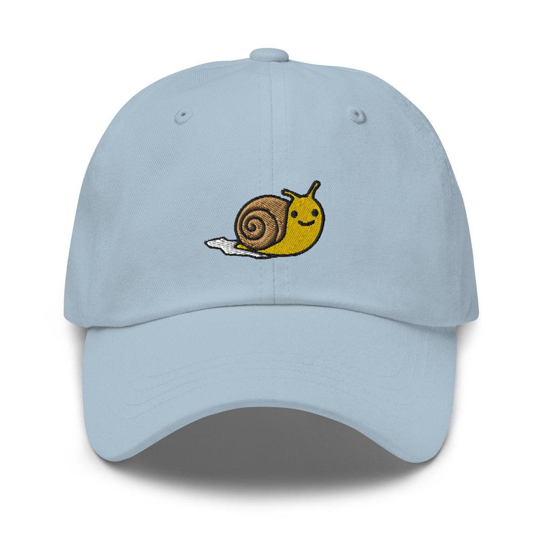 a light blue hat with a snail embroidered on it