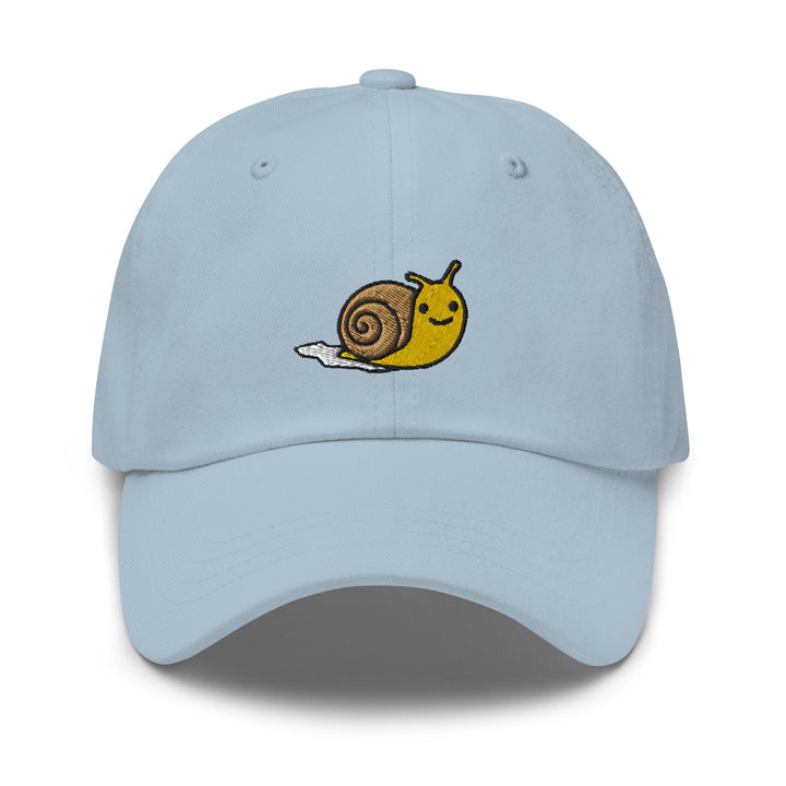 a light blue hat with a snail embroidered on it