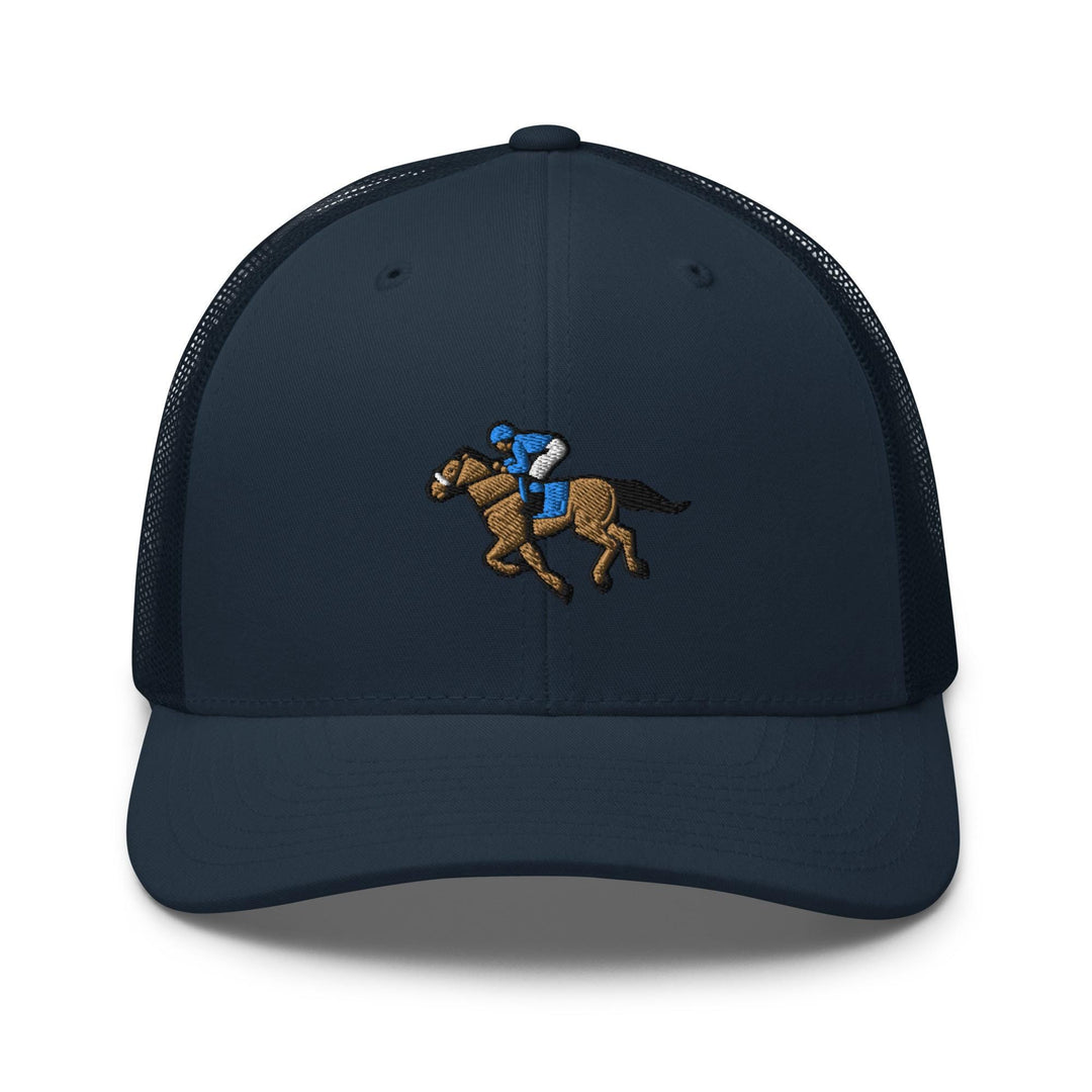 a blue hat with a horse and jockey on it