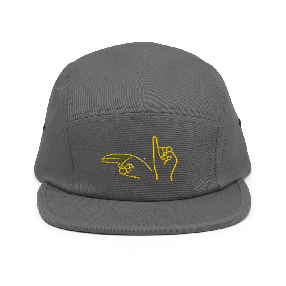 a gray hat with a yellow logo on it