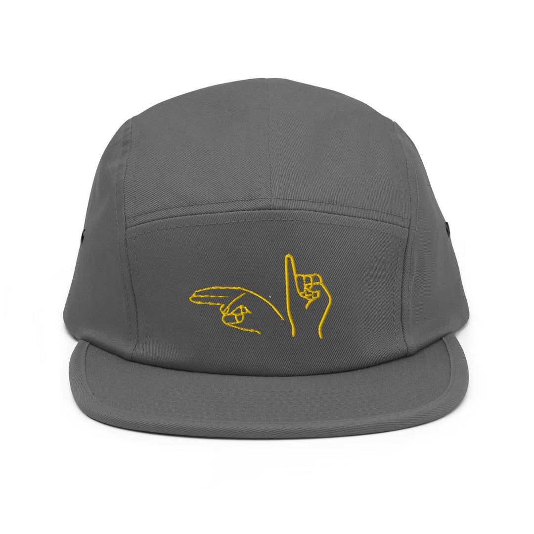 a gray hat with a yellow logo on it