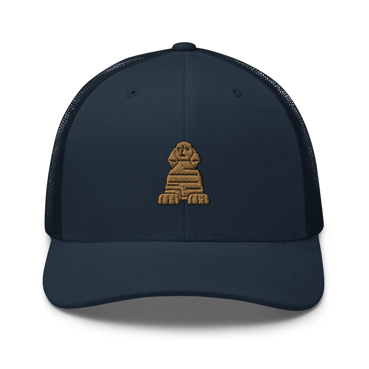 a blue trucker hat with a picture of a dog on it