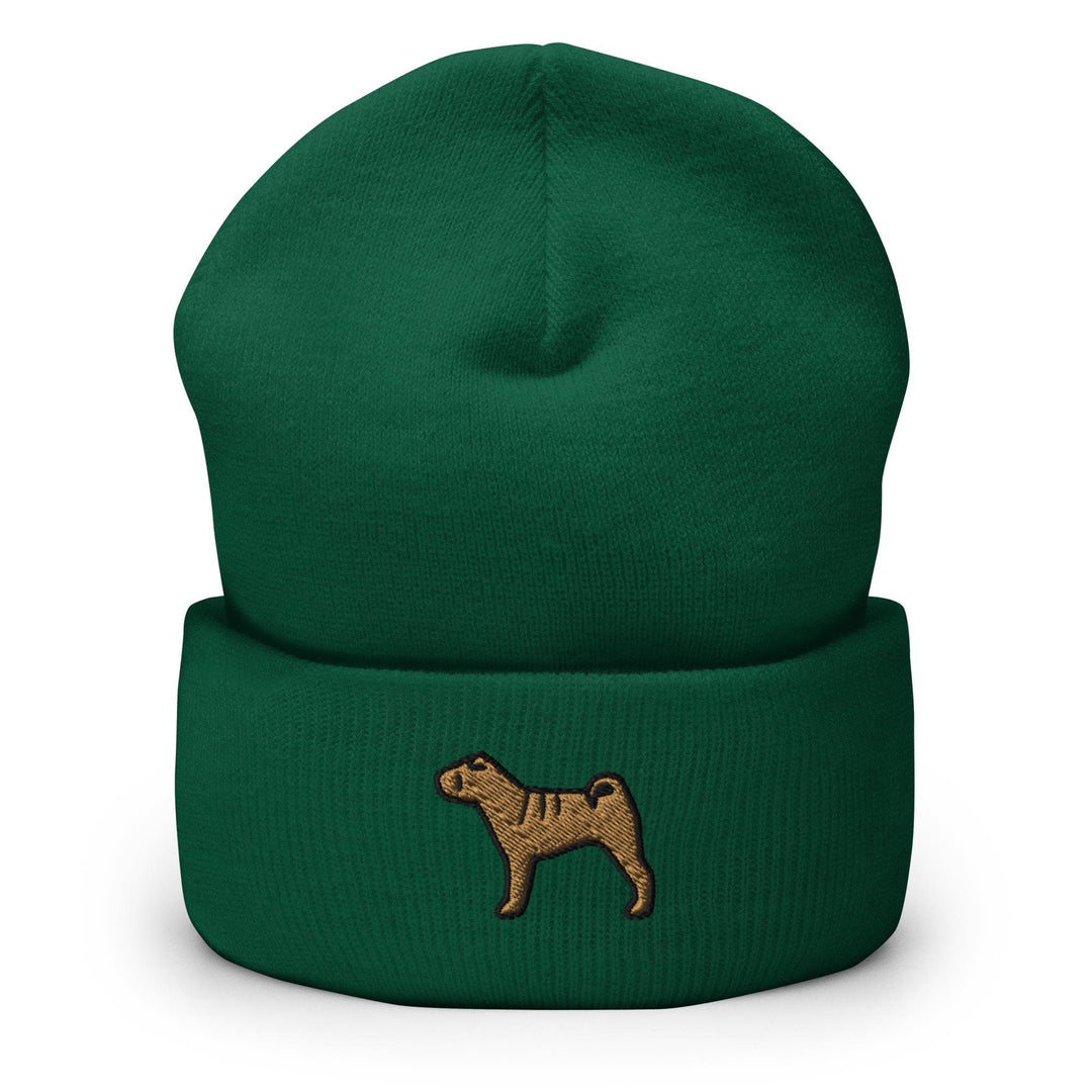 a green beanie with a brown dog on it
